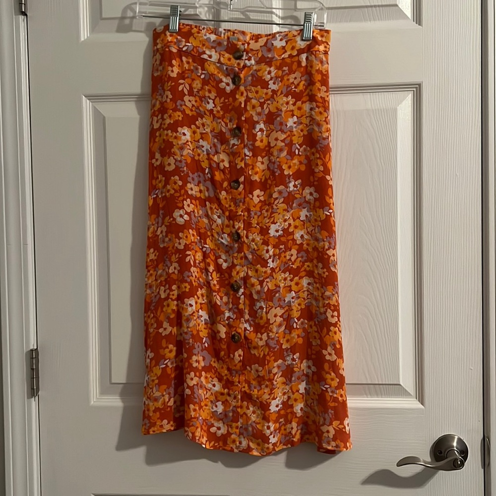 Loft Orange Floral Midi Skirt - size x-small
